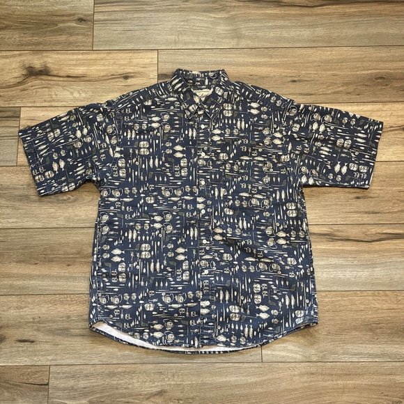 Woolrich Button Up Shirt LARGE Fisherman Tackle Fish All Over Print AOP USA Made - Picture 1 of 9